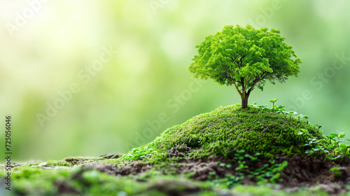 A miniature tree on a green hill as a concept for earth protection and the growth of new life