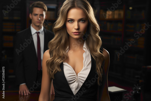 A business female projecting confidence and authority in the perfect suit, captured in stunning HD against a solid background in her office.