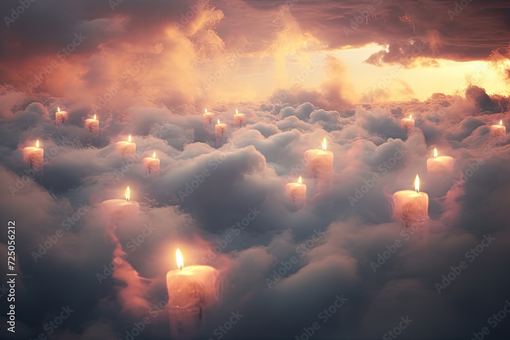 Fototapeta premium Candles in the clouds create a dreamlike, peaceful scene.