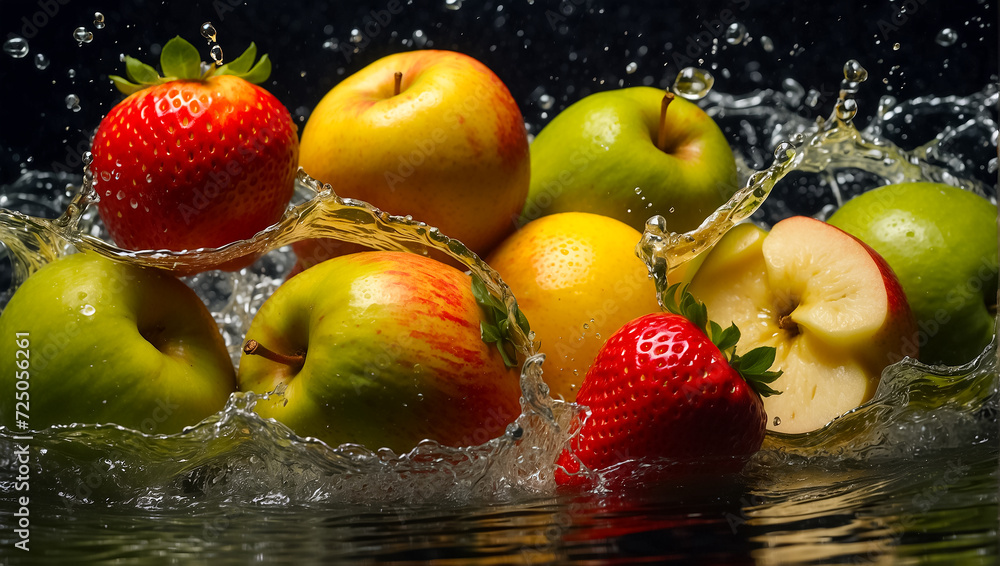 Fototapeta premium Fresh ripe fruit and strawberry, water drops, splashing