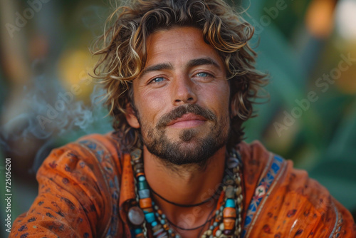 A rastaman hippie looking man with a beard and long hair smokes a cigarette. Grunge background. photo
