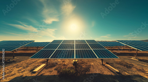 Sun is shining on photovoltaic solar panels standing in the desert producing environment friendly power by collecting sunlight
