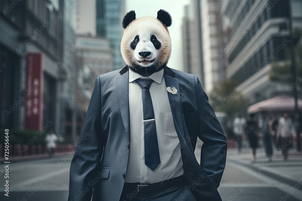business panda bear in suit on city street , Generative AI business panda bear in suit on city street , Generative AI