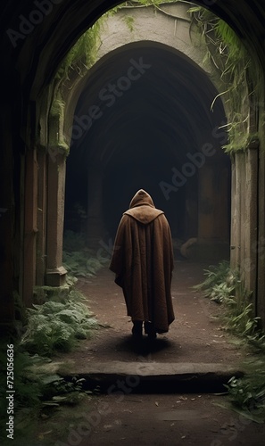 A man in period garb, a cloak with a hood on his head against the backdrop of a severely crumbling building photo