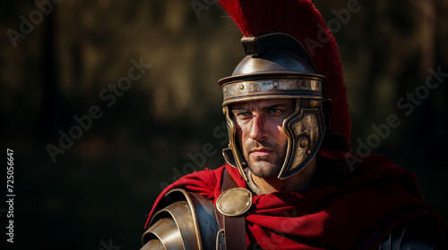 Man portraying ancient Roman soldier with detailed helmet and armor, red plume, gazing into distance with focused expression, set against blurred forest backdrop. photo