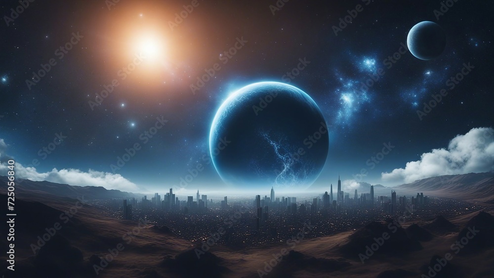 sky with moon and stars Illustration of an inhabited alien planet in ...