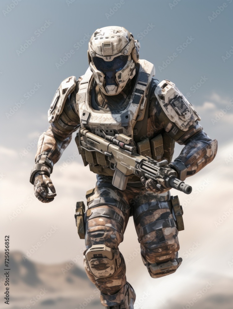 3D CG rendering of soldier in space suit with assault rifle. 3D CG rendering of soldier in space suit with assault rifle.