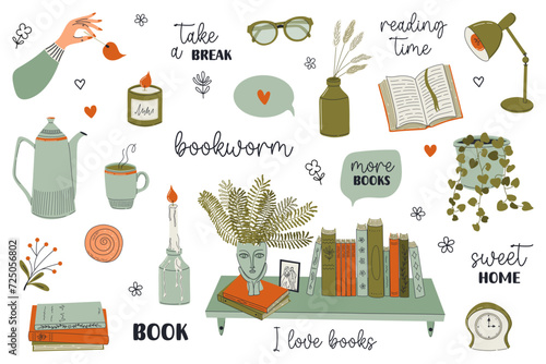 Books and reading set. Stack of books, book shelf, candles, houseplants, glasses. Retro style minimalistic elements isolated on white background. Hand drawn vector illustrations.