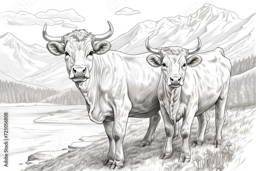 Hand-Drawn Engraving Style: Pair of Alpine Cows in Vector Art