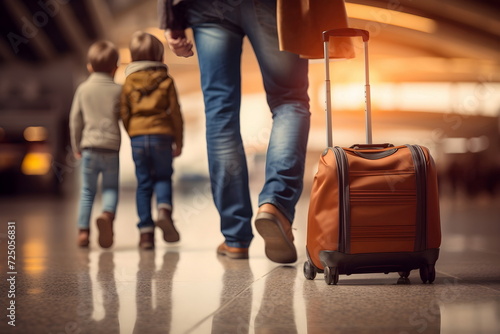 family legs with suitcases in airport terminal, Generative AI