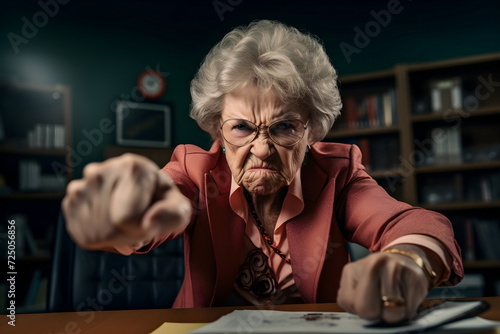 angry old woman in office, Generative AI