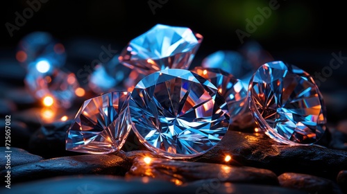 Brilliant diamonds and diamonds glow in the dark  crystals. Beautiful gemstones for jewelry. Crystal illustration close up. Diamond gemstone. Brilliant diamond. Jewelry and ornaments.