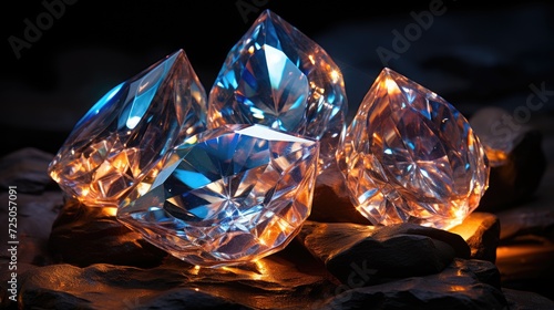Brilliant diamonds and diamonds glow in the dark  crystals. Beautiful gemstones for jewelry. Crystal illustration close up. Diamond gemstone. Brilliant diamond. Jewelry and ornaments.