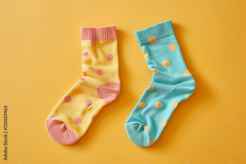 Two different mismatched socks on light background. Day of colorful socks. A day of weird socks versus bullying. Day of unpaired socks, awareness of Down syndrome.