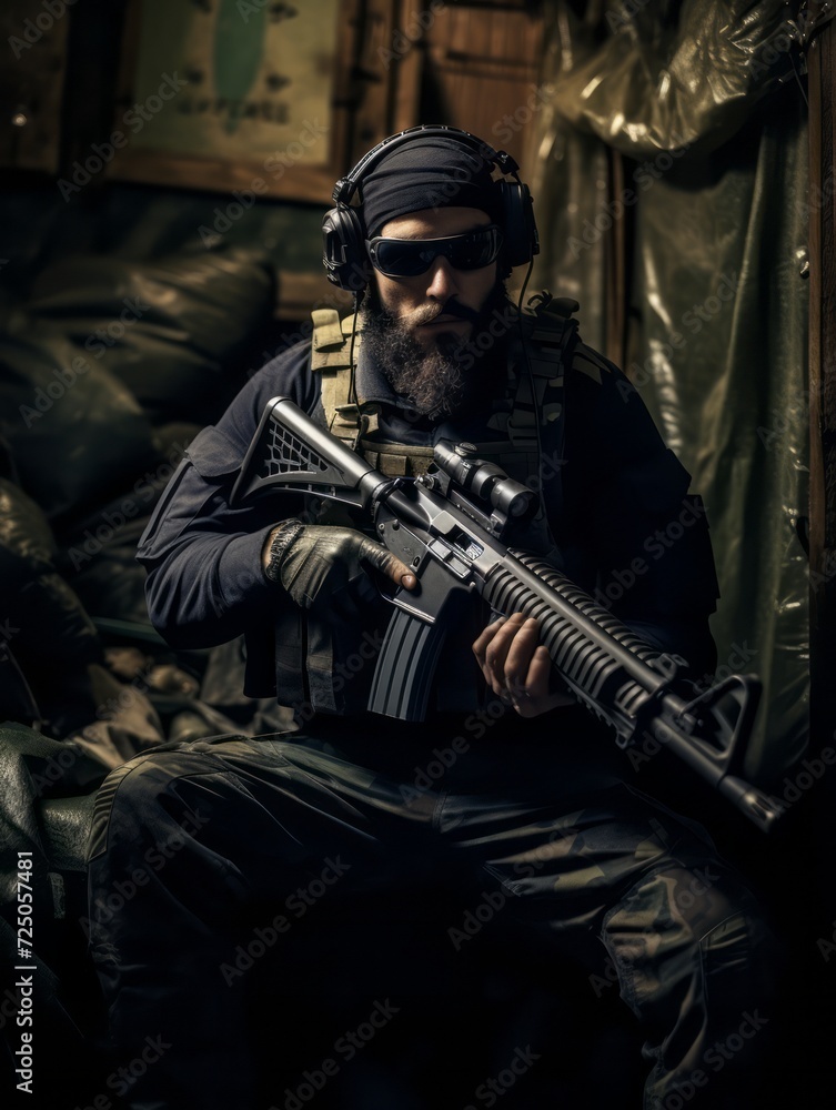 Portrait of a special forces soldier with a machine gun on a dark background