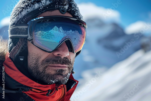 Portrait of man in ski goggles with the reflection of snowed mountains. Winter sports © Alina