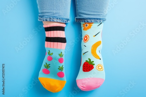 Two different mismatched socks on the feet on light blue background. Day of colorful socks. A day of weird socks versus bullying. Day of unpaired socks, awareness of Down syndrome.