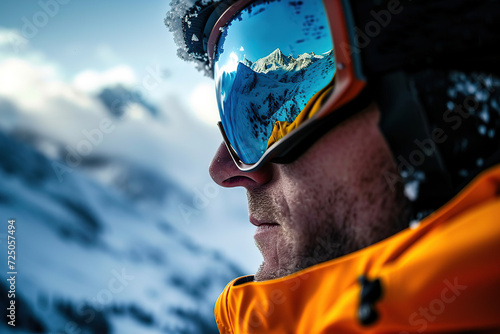 Portrait of man in ski goggles with the reflection of snowed mountains. Winter sports photo