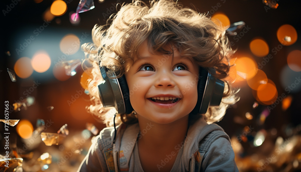 Smiling child enjoying party, listening to headphones generated by AI