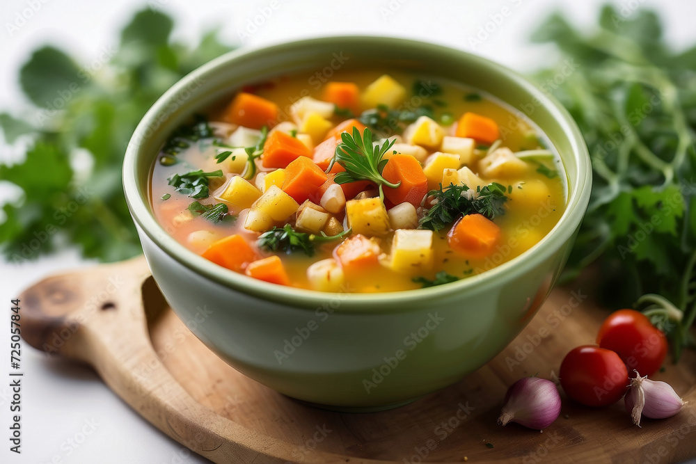 Photo of a bowl of vegetable soup with parsley Photo of a bowl of vegetable soup with parsley