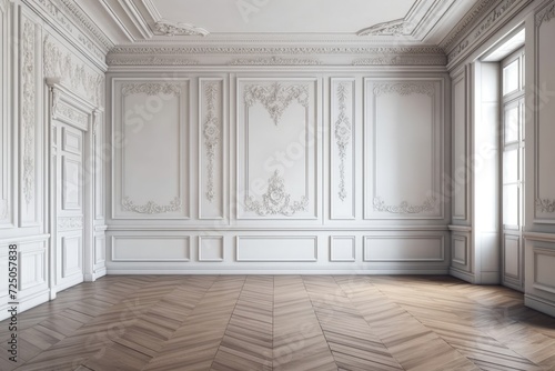interior wall with traditional mouldings herringbone parquet flooring. digital representation © Lasvu