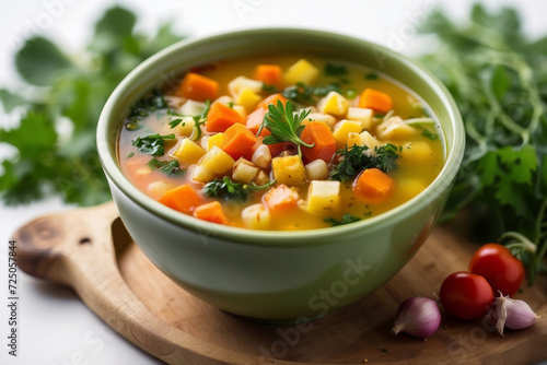 Photo of a bowl of vegetable soup with parsley