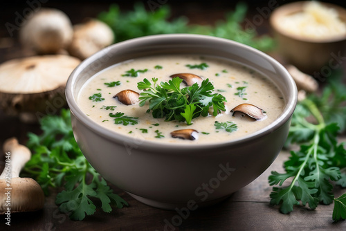 Photo of a bowl of cream of mushroom soup with parsley