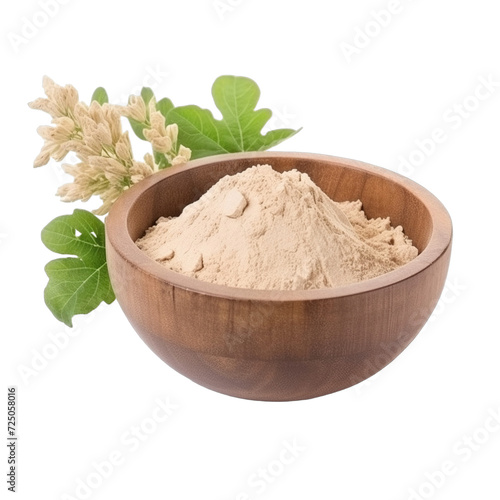 pile of finely dry organic fresh raw astragalus root powder in wooden bowl png isolated on white background. bright colored of herbal, spice or seasoning recipes clipping path. selective focus photo