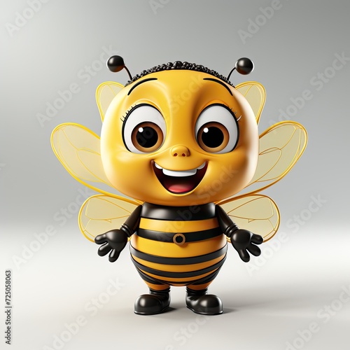 Cartoon character happy bee 3d illustration for children. Cute bee print for honey advertising, honey label, children's clothing, stationery, books, goods. 3D banner of a toy bee or wasp.