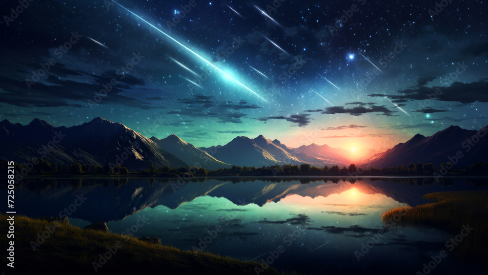 A starry night sky with shooting stars over a mountain range reflecting in a tranquil lake at sunset, fantasy nature concept