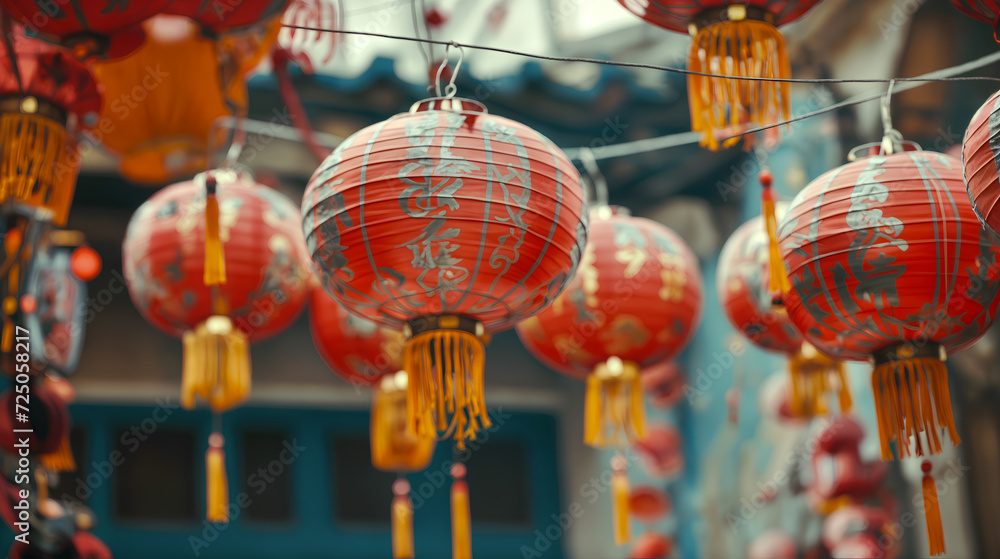 Vibrant red lanterns with golden tassels and Chinese calligraphy hang above a bustling street, creating a festive atmosphere for the Chinese New Year celebrations