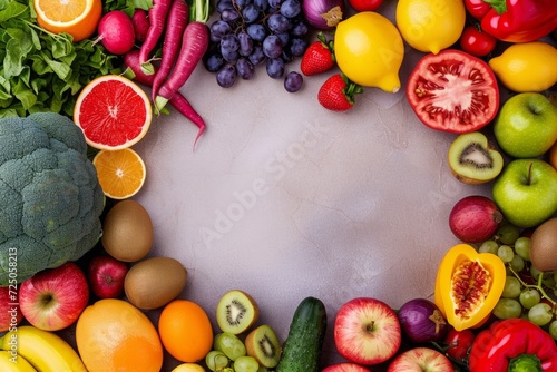 Fruits and vegetables for immune system boosting. Healthy eating background with copy space. Top view.