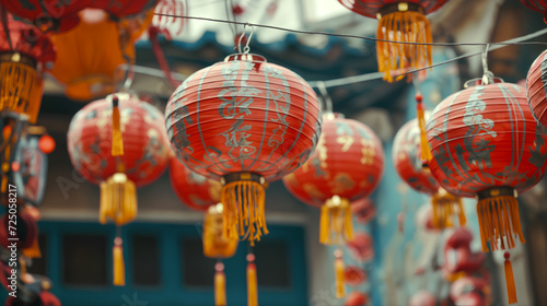 Vibrant red lanterns with golden tassels and Chinese calligraphy hang above a bustling street  creating a festive atmosphere for the Chinese New Year celebrations