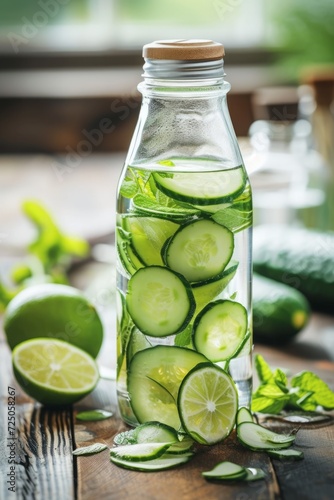 Infused water with lime and cucumber on wooden table. Detox, diet, healthy eating or weight loss. concept background.