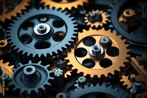 A pattern of interlocking gears and cogs, offering a mechanical and industrial background for text related to engineering and innovation. Generative Ai.