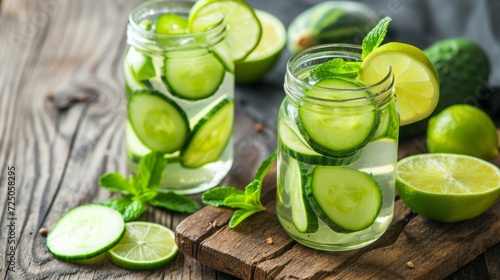 Infused water with lime and cucumber on wooden table. Detox, diet, healthy eating or weight loss. concept background.