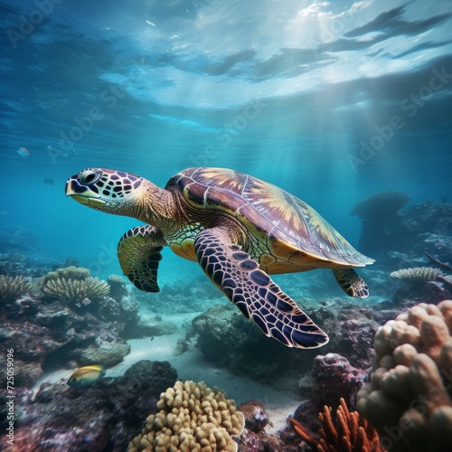 A large sea turtle swims in the ocean underwater. © MaskaRad