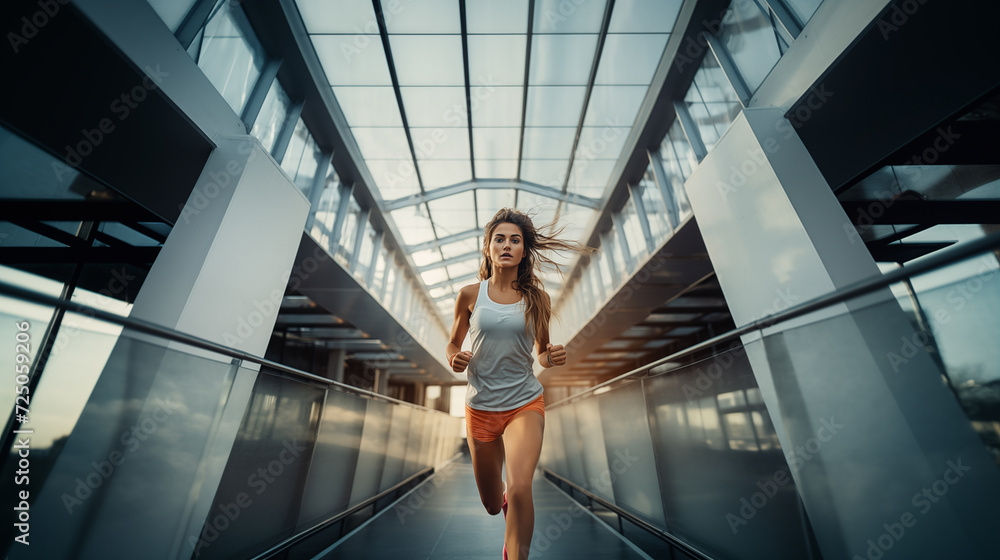 Portrait of cheerfull Smiling fit caucasian young female in sporty clothes jogging by modern architekture building downtown street. Active people, healthy lifestyle and sporty woman concept image. Portrait of cheerfull Smiling fit caucasian young female in sporty clothes jogging by modern architekture building downtown street. Active people, healthy lifestyle and sporty woman concept image.
