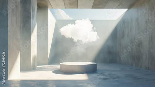 Futuristic Urban Scene: Abstract Render of Empty Room with Levitating Cloud and Concrete Architecture photo