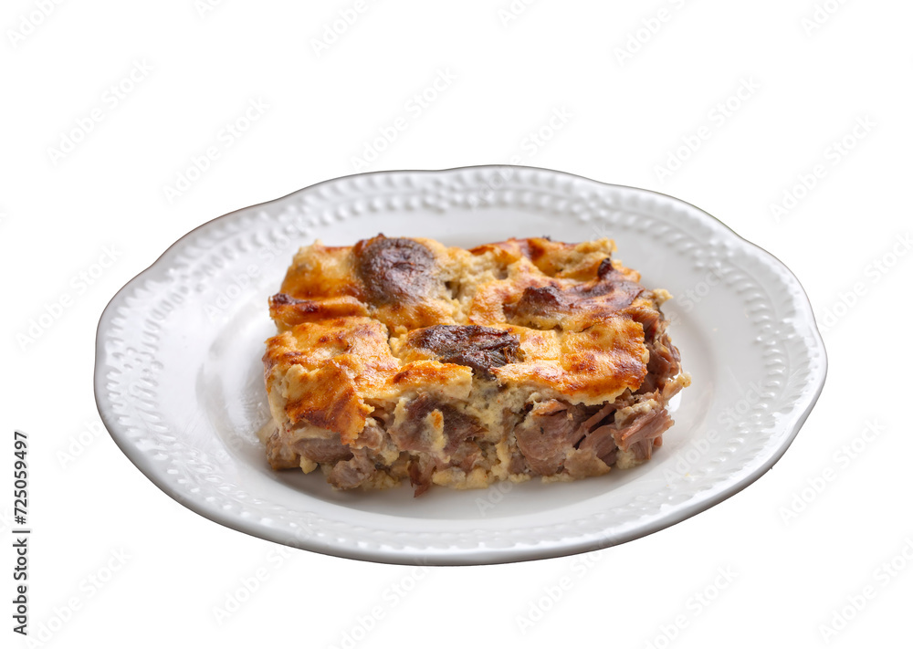Tave kosi is a national Albanian dish of baked lamb and rice with yoghurt close-up in a pan on the table. horizontal top view from above. Turkish name; Elbasan tava - obrazy, fototapety, plakaty 