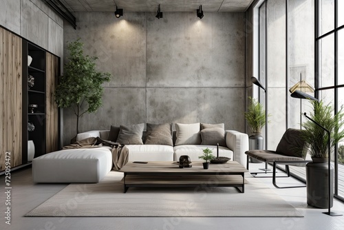 Interior Scene and Mockup, industrial style living room with white wood decorated walls