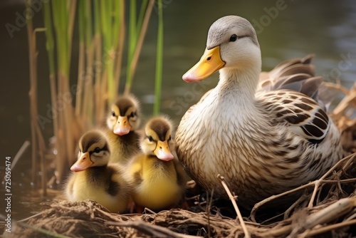 a mother duck with her ducklings. family, motherhood in birds. cubs.