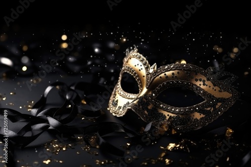 Masquerade mask on black background with sparkles. The concept of traditional holidays. Close-up © Оксана Олейник