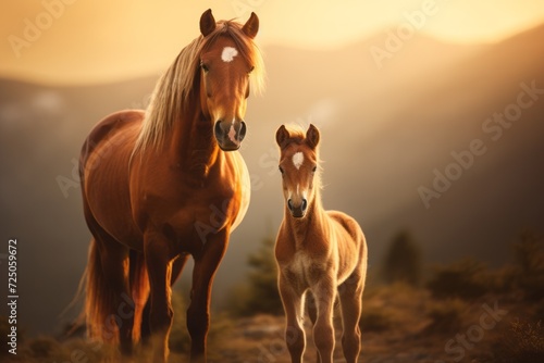 a mother horse with her foal. family, motherhood in animals.