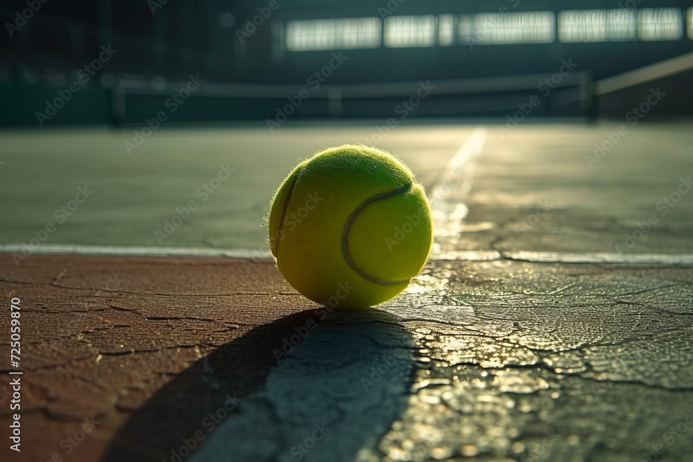Close-up of a tennis ball on a cracked court surface, symbolizing the pause and potential energy in a tennis game.

