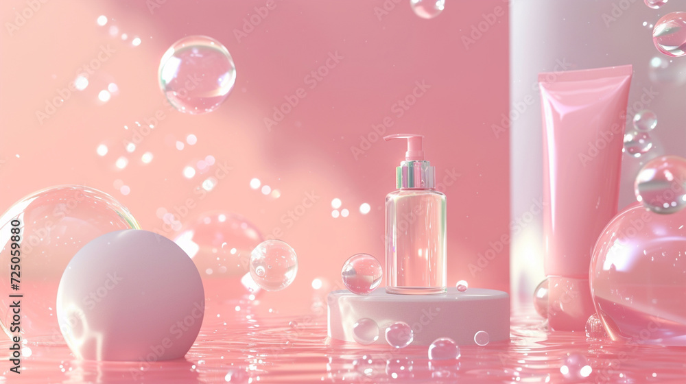 A fashion beauty backdrop adorned with a product stand and glistening water bubbles in a captivating 3D rendering. A fashion beauty backdrop adorned with a product stand and glistening water bubbles in a captivating 3D rendering.