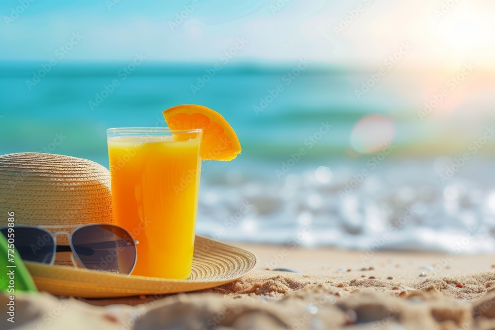 Tropical summer vacation concept. woven beach hat, a glass of orange juice and sunglasses on a blurred sea background. Tropical summer vacation concept. woven beach hat, a glass of orange juice and sunglasses on a blurred sea background.