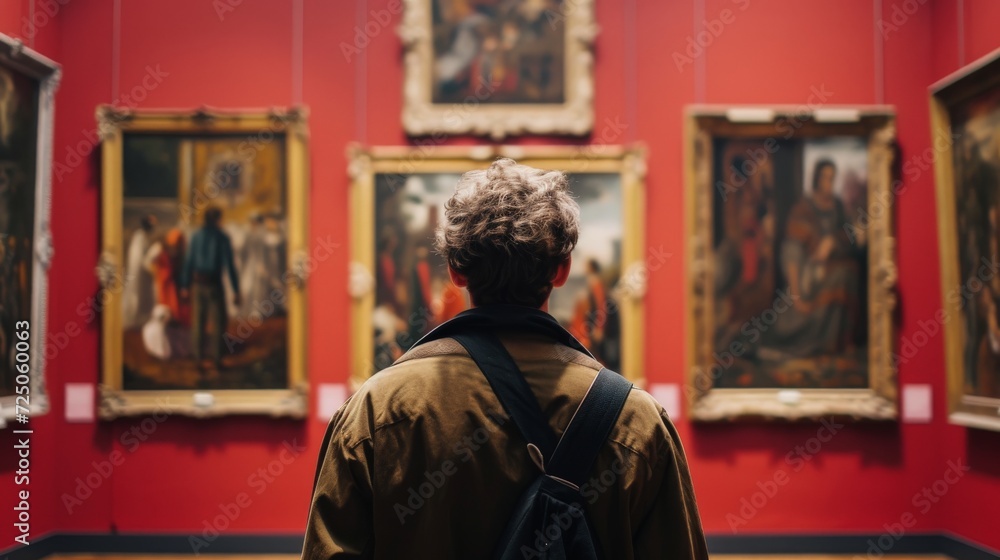 young man looking at paintings at a museum, art gallery young man looking at paintings at a museum, art gallery