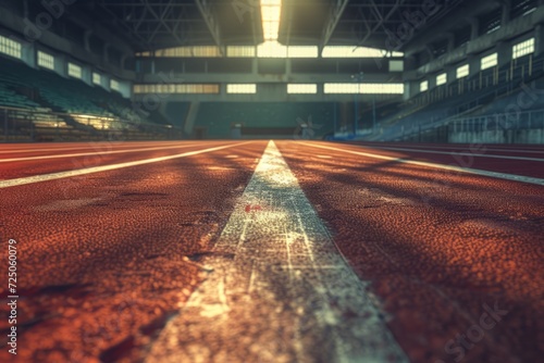 Perspective view of an empty running track with white lane markers, symbolizing determination and the path to victory in sports.