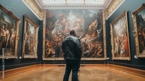 Back of an adult looking at renaissance style paintings in a museum  photo